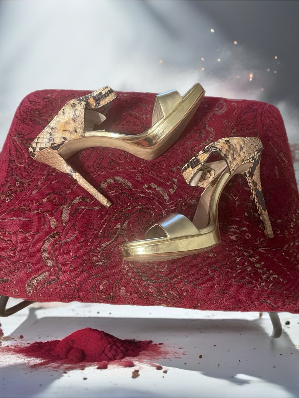 Michael Kors Gold Platform Heels with Snake-Print Ankle Straps